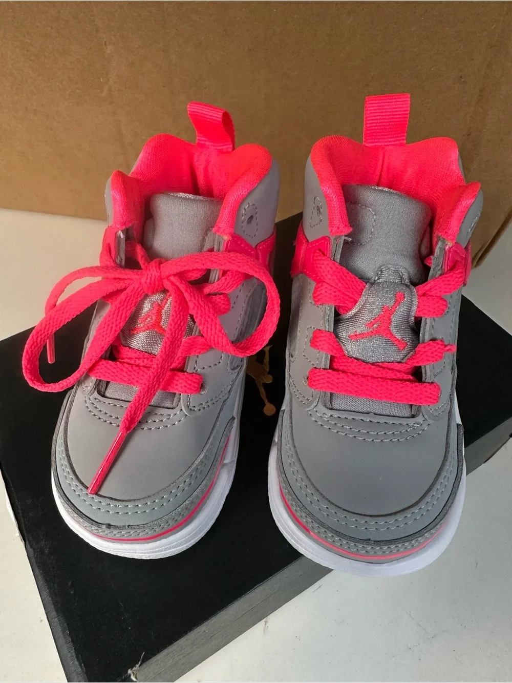 Jordan Kids Grey Sneakers with Neon Pink Accents